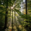 Sunlight filters through the lush canopy of a dense forest, casting beams Royalty Free Stock Photo
