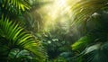 Sunlight filters through dense jungle foliage in a tropical forest Royalty Free Stock Photo