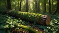 Fallen Tree Trunk Covered in Moss and Ivy Vines in a Lush Green Forest Royalty Free Stock Photo