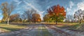 Sunlight filters through a panoramic view of a city park in autumn, casting long shadows over the ground blanketed with