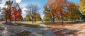 Sunlight filters through a panoramic view of a city park in autumn, casting long shadows over the ground blanketed with