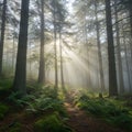 Sunlight filters through tall pine trees in a forest, creating sunbeams that illuminate a misty atmosphere.