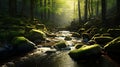 Sunlight filters through the trees, illuminating a mossy stream in a lush forest Royalty Free Stock Photo