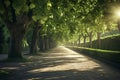 Sunlight filters through the trees on a street with a row of trees, casting shadows on the ground, Green trees forming a lush Royalty Free Stock Photo