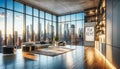 Sunlight floods a spacious, high-rise apartment with stylish furnishings and a panoramic view of New York City, highlighted by a