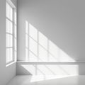 Sunlight floods through window into white empty room, 3D rendering