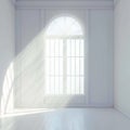 Sunlight floods through window into white empty room, 3D rendering