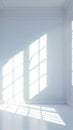 Sunlight floods through window into white empty room, 3D rendering