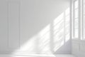 Sunlight floods through window into white empty room, 3D rendering