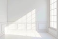 Sunlight floods through window into white empty room, 3D rendering
