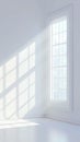 Sunlight floods through window into white empty room, 3D rendering