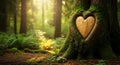 Sunlight glows on a heart carved into a forest tree Royalty Free Stock Photo