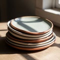 The sunlight highlights the smooth, matte finish of the plates, adding depth Royalty Free Stock Photo