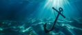 Sunlight illuminates an anchor on the ocean floor of the deep sea Royalty Free Stock Photo