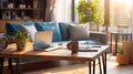 Sunlight illuminates living room workplace home office interior for comfort productive work, brown and blue colours. On wooden