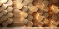 Sunlight illuminates a modern hexagonal wooden wall panel design. Generative AI Royalty Free Stock Photo