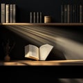 Sunlight Illuminates Open Book on Bookshelf Royalty Free Stock Photo