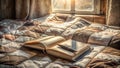 Sunlight illuminates an open book and pen resting on a patchwork quilt. Generative AI Royalty Free Stock Photo