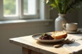 Sunlight illuminates a rustic wooden table setting featuring a simple meal of savory stew and a slice of crusty bread, accompanied Royalty Free Stock Photo