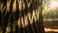 Sunlight illuminates the textured bark of a tree in the forest Royalty Free Stock Photo