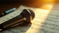 Sunlight illuminates vintage mic resting on musical notes , rhythm, close up Royalty Free Stock Photo