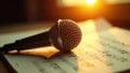 Sunlight illuminates vintage mic resting on musical notes , song, worn Royalty Free Stock Photo