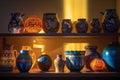 sunlight illuminating colorful pottery designs