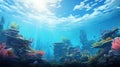Sunlight illuminating exotic underwater landscape with colorful coral riffs. Tropical marine nature. Generative AI