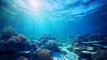 Sunlight illuminating exotic underwater landscape with coral riffs and fish. Tropical marine nature. Generative AI Royalty Free Stock Photo