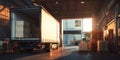 The sunlight illuminating a truck inside a busy warehouse during loading hours. AI generated image Royalty Free Stock Photo