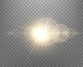 Sunlight lens flare, sun flash with rays and spotlight. Gold glowing burst explosion on a transparent background.