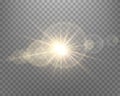 Sunlight lens flare, sun flash with rays and spotlight. Gold glowing burst explosion on a transparent background.