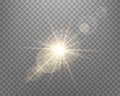 Sunlight lens flare, sun flash with rays and spotlight. Gold glowing burst explosion on a transparent background.