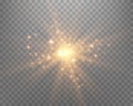 Sunlight lens flare, sun flash with rays and spotlight. Gold glowing burst explosion on a transparent background. Vector