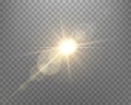 Sunlight lens flare, sun flash with rays and spotlight. Gold glowing burst explosion on a transparent background. Vector