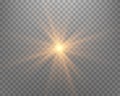 Sunlight lens flare, sun flash with rays and spotlight. Gold glowing burst explosion on a transparent background. Vector