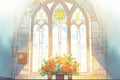 sunlight passing through a pointed arch window in a gothic church, magazine style illustration