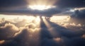 Sunlight piercing through dramatic clouds, a celestial event creating god rays, atmospheric dust Royalty Free Stock Photo