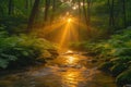 Sunlight Piercing Through Misty Forest Over Gentle Stream. Royalty Free Stock Photo