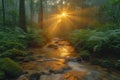 Sunlight Piercing Through Misty Forest Over Gentle Stream. Royalty Free Stock Photo