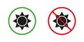 Sunlight Red and Green Warning Signs. Summer Sun Light Silhouette Icons Set. Sunshine Zone Allowed and Prohibited