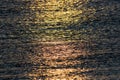 Sunlight reflecting off calm sea water at sunrise. Abstract text