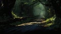 sunlight road in forest Royalty Free Stock Photo