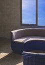 Sunlight and shadow on surface of curved couch near glass window on loft concrete wall in vintage living room