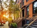 Sunlight shines on the cobblestones of Harrison Street in the Tribeca neighborhood of Manhattan in New York City