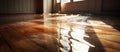 Sunlight shines on flooded wooden floor in brown house with window Royalty Free Stock Photo