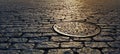 Sunlight shines on a manhole cover on a cobblestone street in New York City Royalty Free Stock Photo