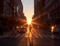 Sunlight shines on a woman crossing the street in Midtown Manhattan in New York City Royalty Free Stock Photo