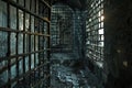Sunlight shining through bars of derelict prison cell block Royalty Free Stock Photo