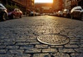 Sunlight shining on a cobblestone street and manhole cover in New York City Royalty Free Stock Photo